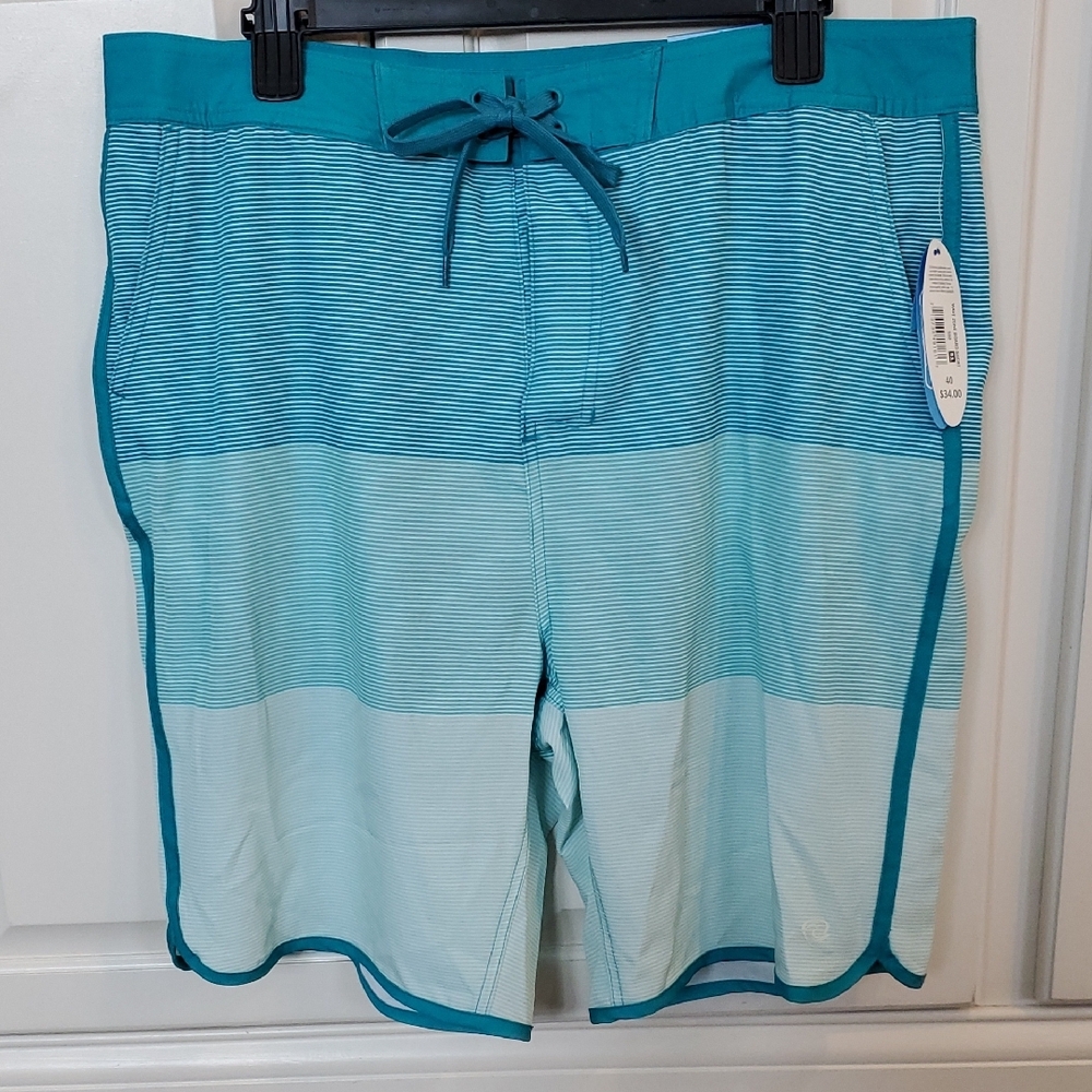 Mens Wave Zone Turquoise Striped Board Shorts Swim Trunks w Liner Size 40 42 NWT
